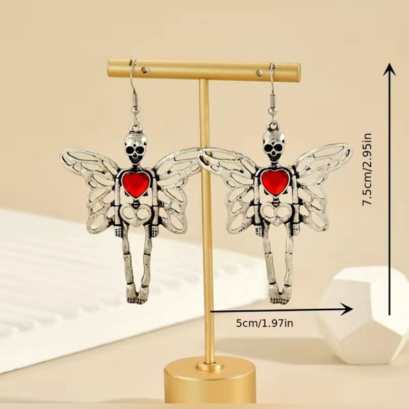 Halloween Earrings “Fairy Skeleton” Silver Red Heart Whimsy Goth Edgy Dangle New - Picture 10 of 12